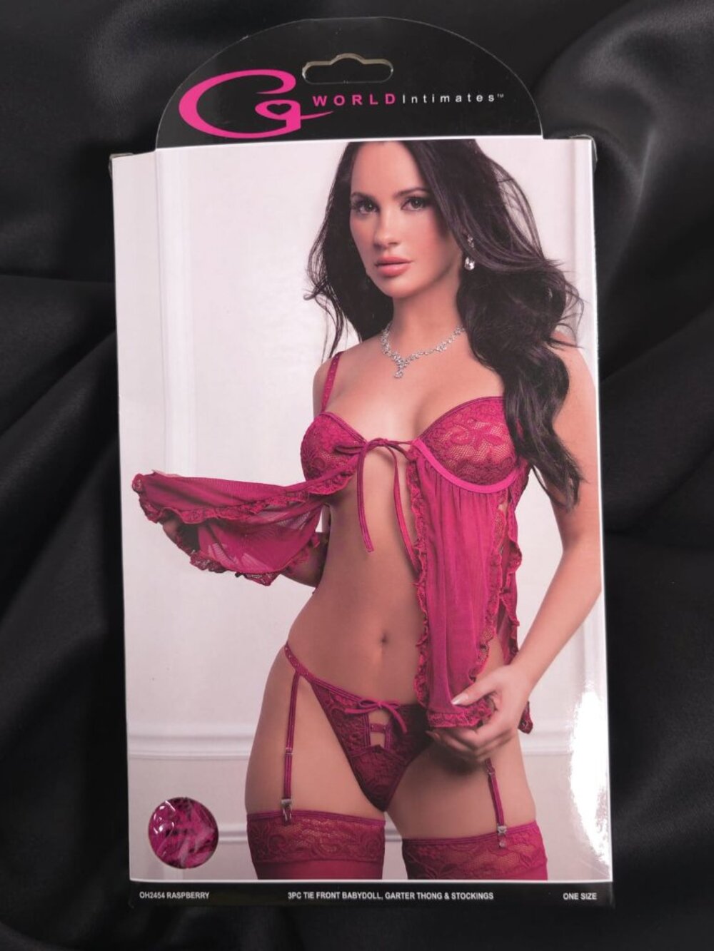 G WORLD Intimates Raspberry 3-Piece Tie Front Babydoll Lace Set